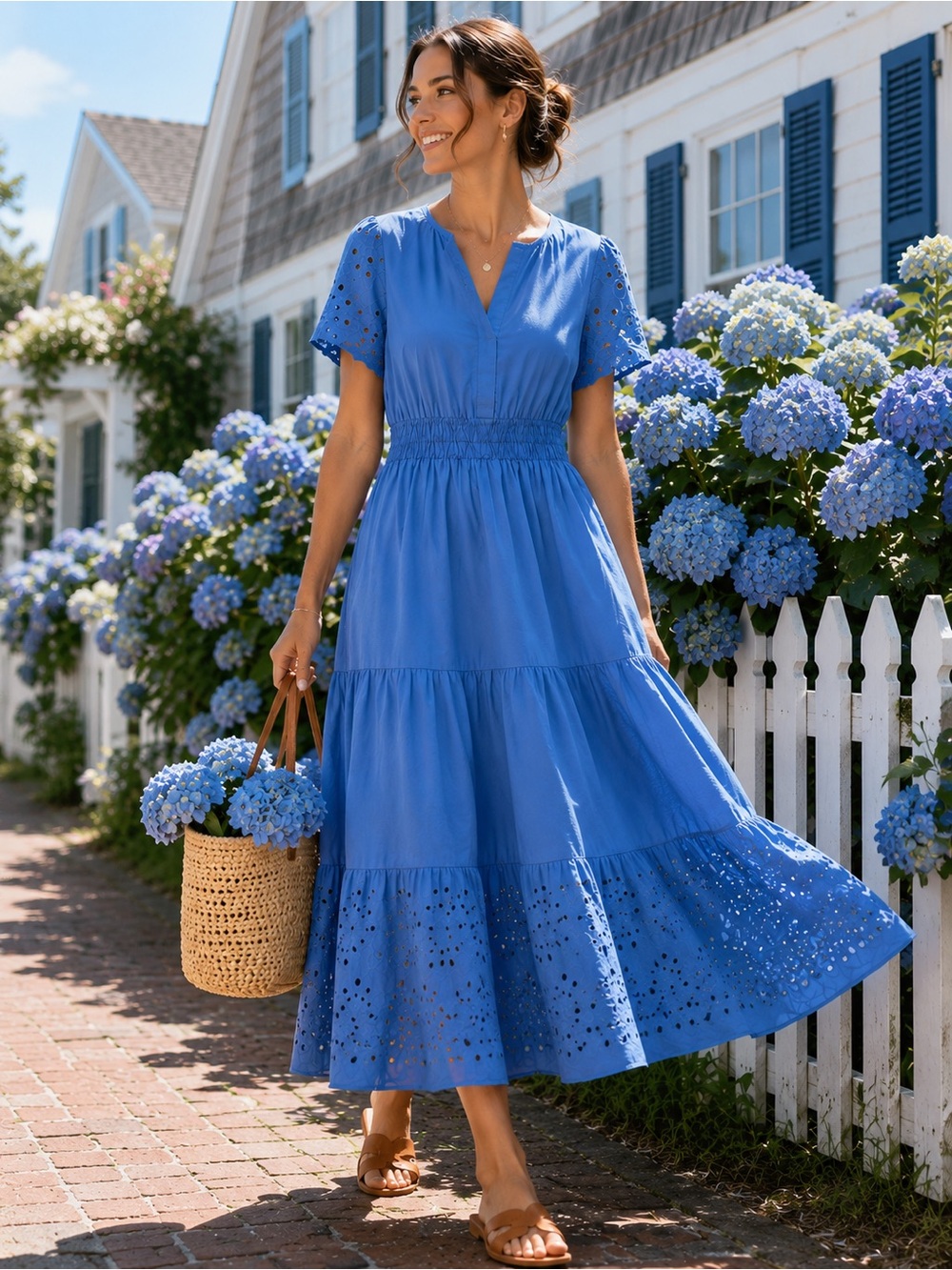 Cynthia Rowley Blue Eyelet Embroidered Tiered Midi Dress Smocked Size Large - Picture 4 of 13